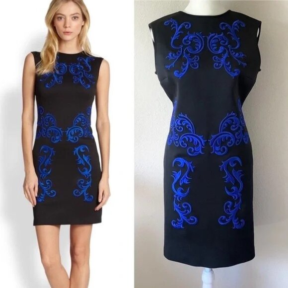 CLOVER CANYON Ponte Dress Embroidered Sleeveless Career Cocktail Black Blue NEW - Picture 1 of 6